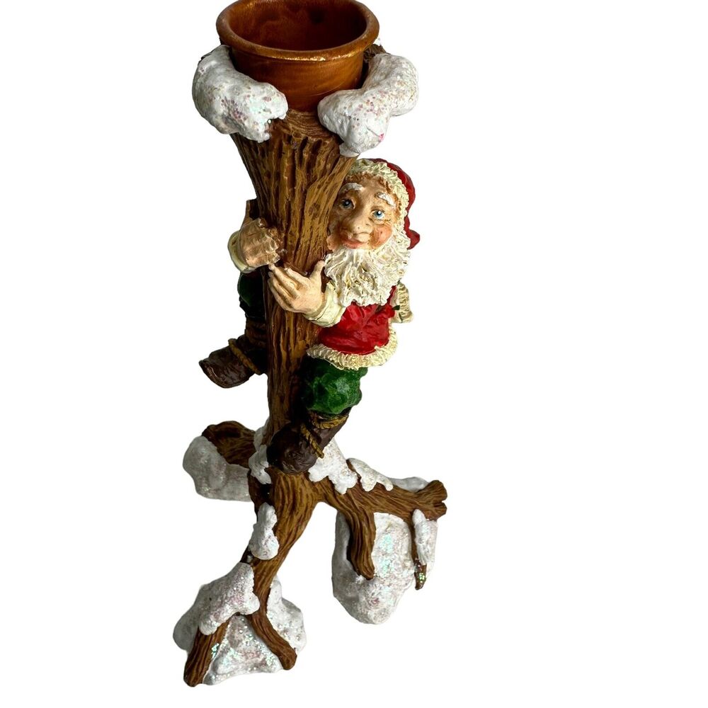 Santa Claus Climbing Tree Snow Pole Candle Holder Christmas Holiday Table Decor